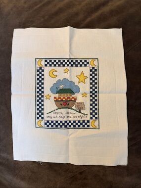 Hand Crafted Blue, White, Yellow Cross Stitch Noah's Ark Wall Art